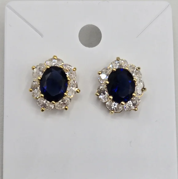 Sapphire Blue & Clear Earrings Made with Swarovski Crystals Gold Overlay NWOT - Picture 4 of 5